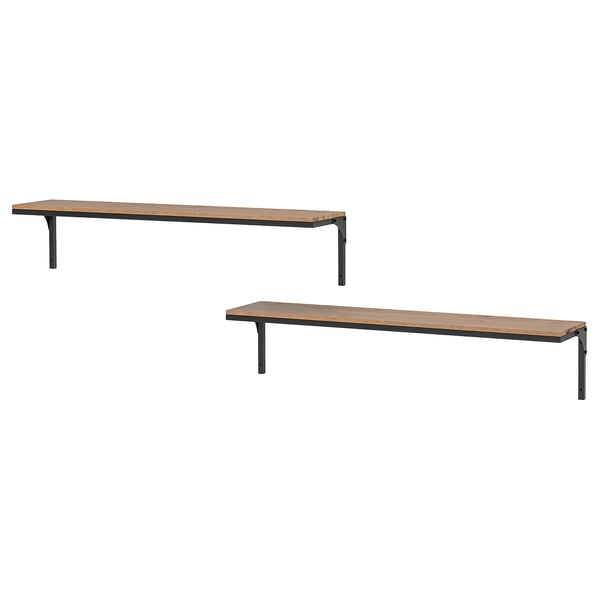 Rustic wall shelves, FJÄLLBO series; brown wooden tops, black metal brackets.