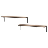 Rustic wall shelves, FJÄLLBO series; brown wooden tops, black metal brackets.