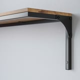 Modern, sturdy wall shelf with wooden top, supported by black metal brackets. Industrial design, high quality materials.
