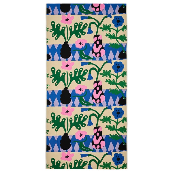 FJÄLLDRABA cotton fabric, beige with colorful floral pattern, rectangular, vibrant design.