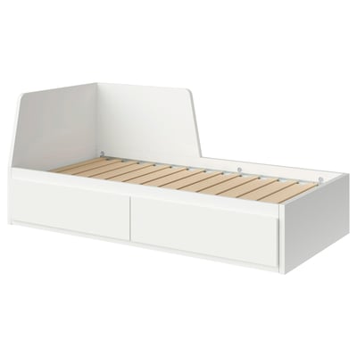 FLEKKE white convertible sofa bed with storage drawers, sleek modern design.