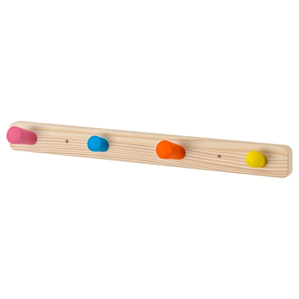 FLISAT: wooden coat rack with pink, blue, orange, yellow cone-shaped knobs. Bright colors and solid wood construction.