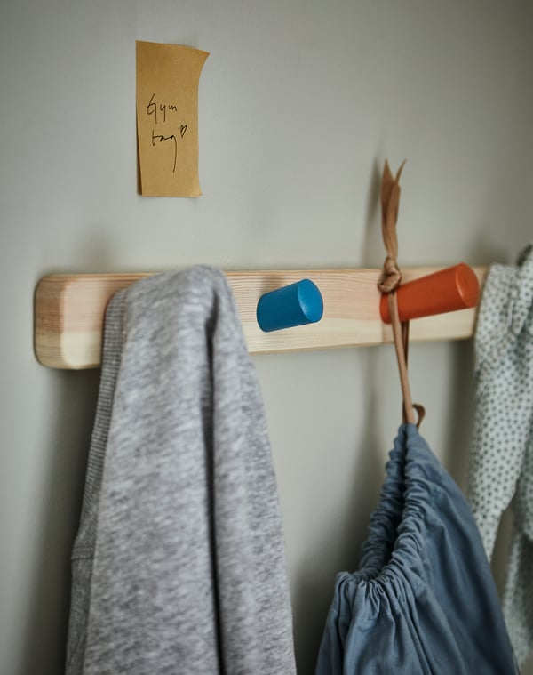 Towel on blue rack.