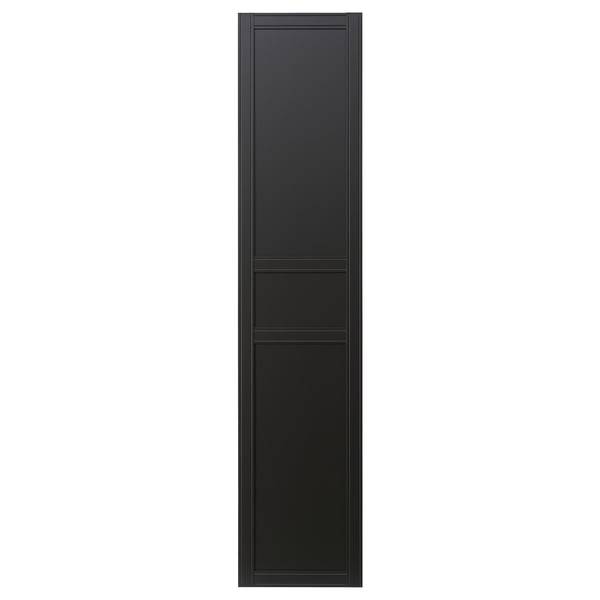 A black FLISBERGET door with three panels, featuring subtle grooves and a scandinavian design.