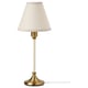 FLYGHÖJD lamp: brass base, white rod, beigish shade, elegant design.