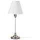 Option: A FLYGHÖJD lamp with a white shade and nickel base, standing elegantly on a white background.