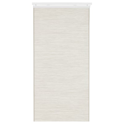 A light-colored FÖNSTERVIVA panel curtain with a subtle texture, made from recycled materials, designed to block glare while allowing light through.