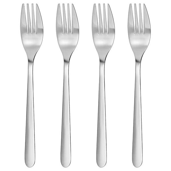 Four sleek, stainless-steel forks arranged neatly, modern design, excellent for table settings.