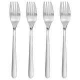 Four sleek, stainless-steel forks arranged neatly, modern design, excellent for table settings.