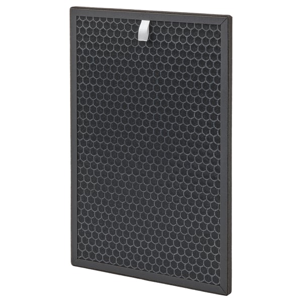 Black air filter with honeycomb pattern, dark gray frame. Activated carbon & polypropylene, purifies gas & odor.