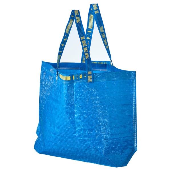 Blue plastic FRAKTA bag with yellow handles and text, rectangular shape, flat foldable design.