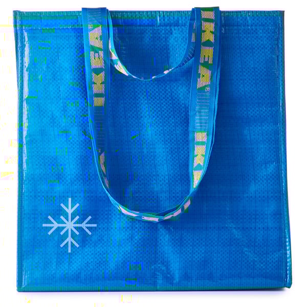 Blue reusable shopping bag with yellow handles and a white snowflake logo. Made from recycled polypropylene and polyester.
