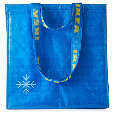 Blue reusable shopping bag with yellow handles and a white snowflake logo. Made from recycled polypropylene and polyester.