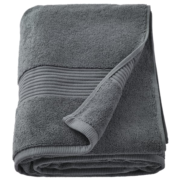 Dark grey fredriksjon bath towel folded, 100% cotton, thick, with ribbed edges.