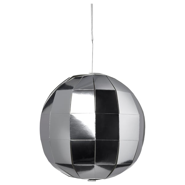 An spherical, silver FRÖJDA disco light with reflective panels, hanging from a string.