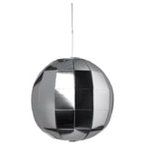 An spherical, silver FRÖJDA disco light with reflective panels, hanging from a string.