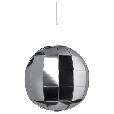 An spherical, silver FRÖJDA disco light with reflective panels, hanging from a string.