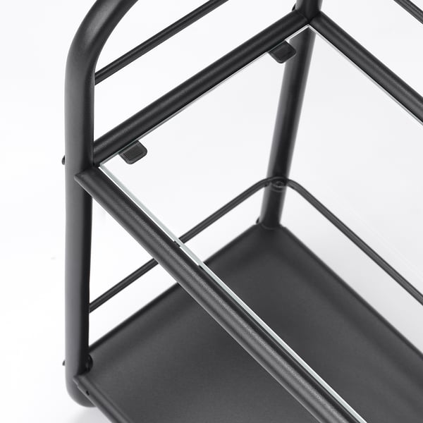 Black metal wire shelving unit with sturdy, detachable black shelves, designed for easy cleaning and organization.