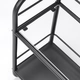 Black metal wire shelving unit with sturdy, detachable black shelves, designed for easy cleaning and organization.