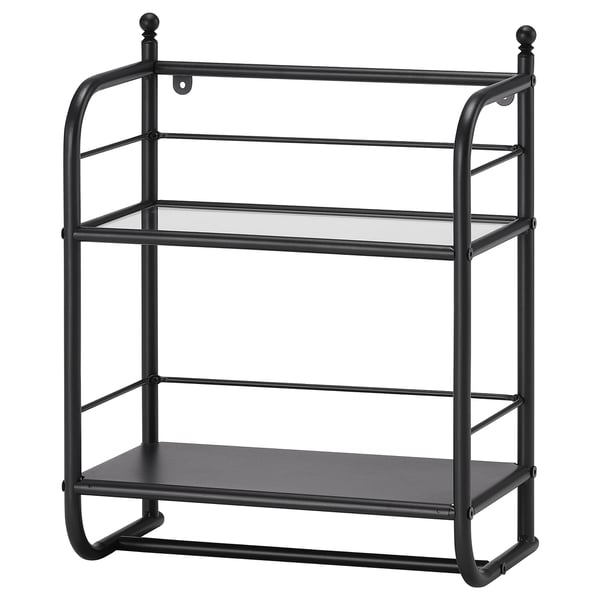 Black FRÖSJÖN shelf with 3 glass shelves and towel bar, traditional design.