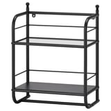 Black FRÖSJÖN shelf with 3 glass shelves and towel bar, traditional design.