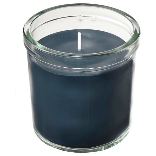 FRUKTSKOG candle, dark green, cylindrical glass, plant-based wax, cotton wick, home decor.