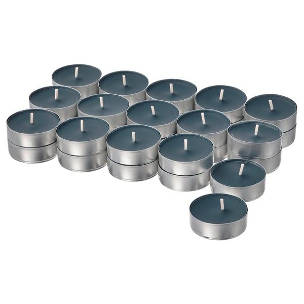 Pack of 16 blue scented candles in silver cups, arranged in a circle.