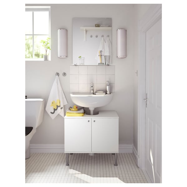 Bright white bathroom with FULLEN cabinet, sink, mirror & accessories. Clean, modern design with closed doors.