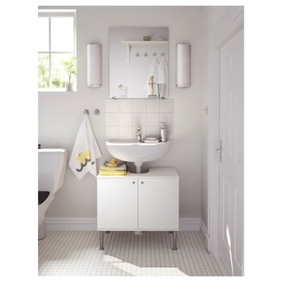 Bright white bathroom with FULLEN cabinet, sink, mirror & accessories. Clean, modern design with closed doors.