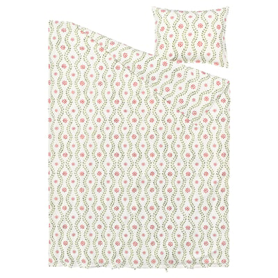 FYRISVIDE duvet set, white with red/green floral pattern, 100% cotton, rectangular shape, vintage-inspired design.
