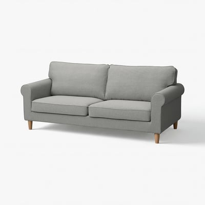 A GÄLLTOFTA light grey fabric sofa with rolled arms and wooden legs.