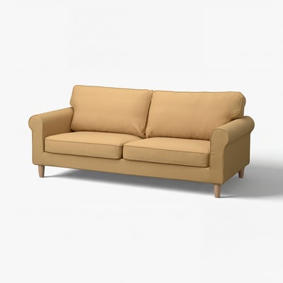 GÄLLTOFTA tan sofa, rolled arm design, light brown fabric, wooden legs, cosy and compact shape.