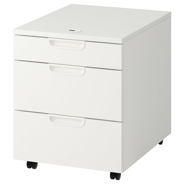 A white GALANT office cabinet with three drawers on wheels, featuring a combination lock for security.