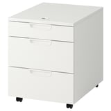A white GALANT office cabinet with three drawers on wheels, featuring a combination lock for security.