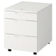 A white GALANT office cabinet with three drawers on wheels, featuring a combination lock for security.