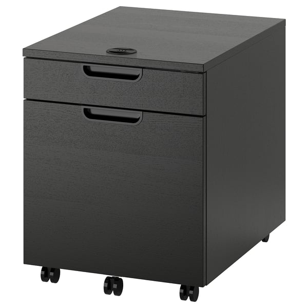 A black GALANT rolling file cabinet with two locks, made of wood and plastic, on casters.