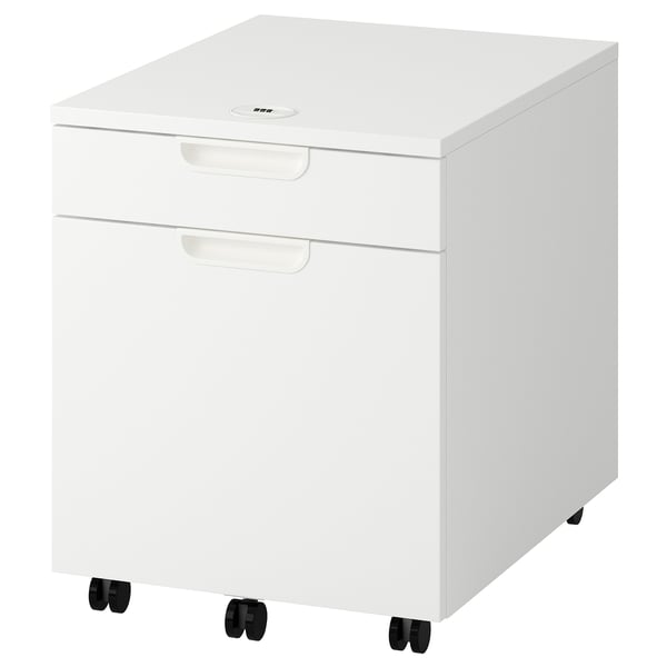 A white ikea GALANT mobile filing cabinet with two drawers and a combination lock. It has a sleek, modern design and sits on four black casters.