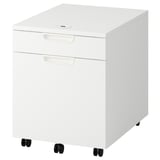 A white ikea GALANT mobile filing cabinet with two drawers and a combination lock. It has a sleek, modern design and sits on four black casters.
