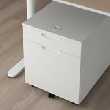 A white mobile office cabinet with two drawers and a combination lock, designed for easy storage under tables.
