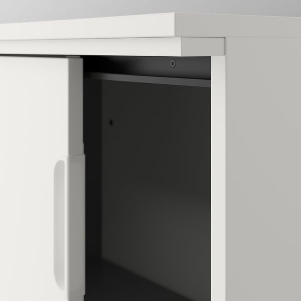 White GALANT cabinet with open sliding door, displaying sturdy build quality.