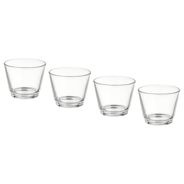 Four GALEJ glass tealight holders in clear color, stackable, simple and elegant design.