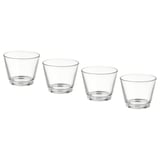 Four GALEJ glass tealight holders in clear color, stackable, simple and elegant design.