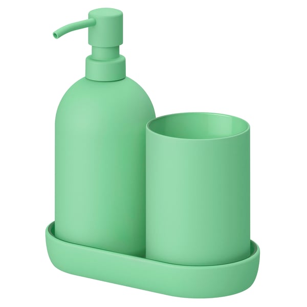 Colors: mint green. Materials: plastic. Shape: rounded. Design: bathroom set including soap dispenser and toothbrush holder with tray.