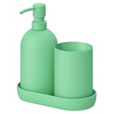 Colors: mint green. Materials: plastic. Shape: rounded. Design: bathroom set including soap dispenser and toothbrush holder with tray.