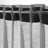 Blackout curtain rod with sheer, striped curtains drawn back, showcasing vertical lines and loops for easy movement.