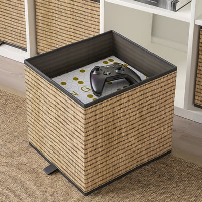 GNABBAS seagrass storage box, natural & black, cube shape.