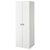 A white GODISHUS wardrobe with two doors, circular knobs, and a sleek, modern design.