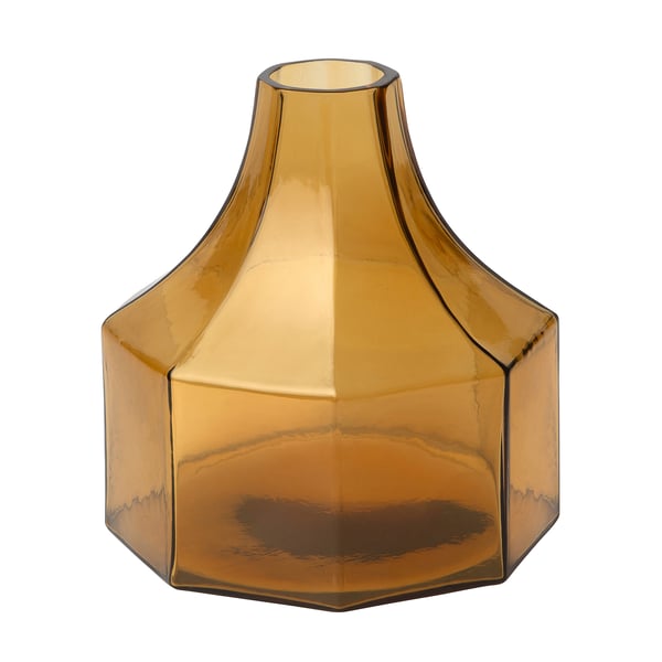 Octagonal yellow glass vase with polished surface and smooth edges.
