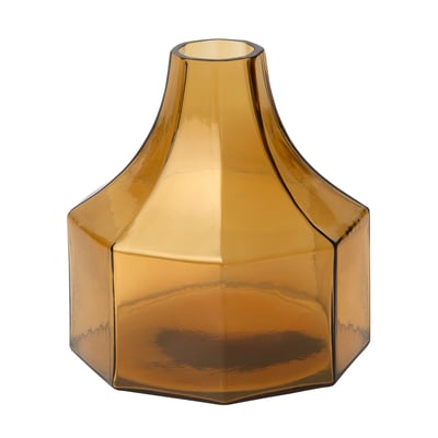 Octagonal yellow glass vase with polished surface and smooth edges.