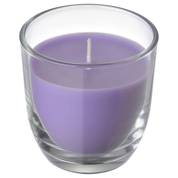GOLIATTUJA lavender scented candle in clear glass cup with white wick.